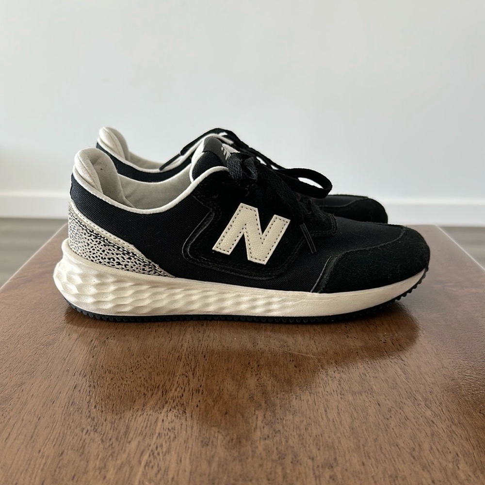 New Balance Womens Black Off-White/Cream Sneakers Suede Mesh Animal Print Heel - Picture 1 of 6